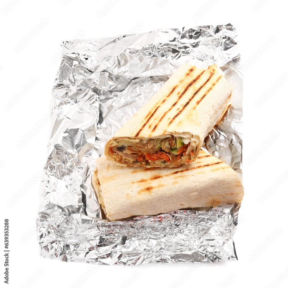 Tasty shawarma with foil on white background