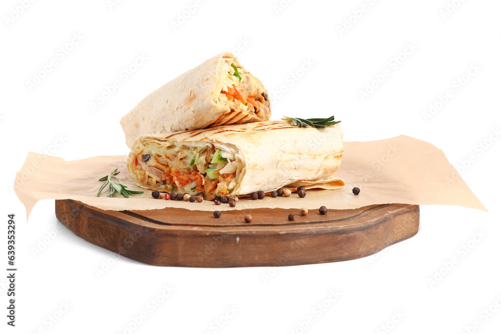 Board of baking paper with tasty shawarma on white background