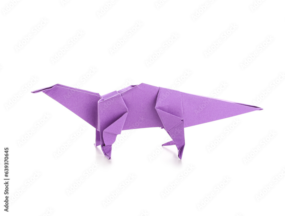 Purple origami dinosaur on white background