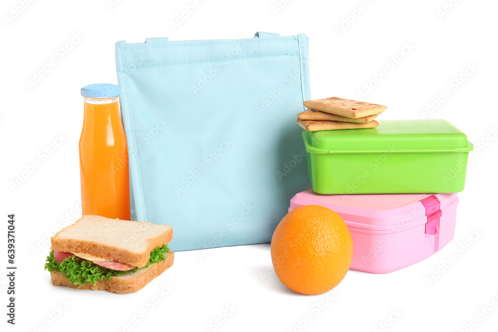 Bag, lunchboxes with delicious food and bottle of juice isolated on white background