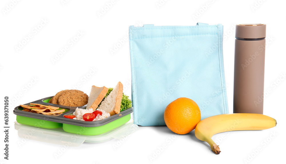 Bag, lunchbox with delicious food and thermos isolated on white background