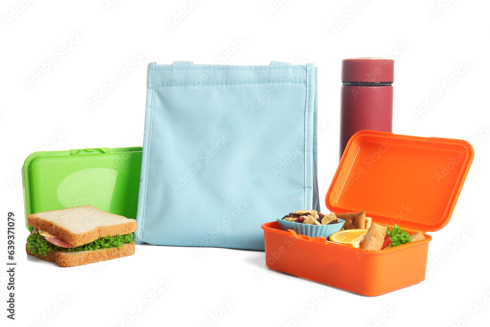 Bag, lunchboxes with delicious food and thermos isolated on white background