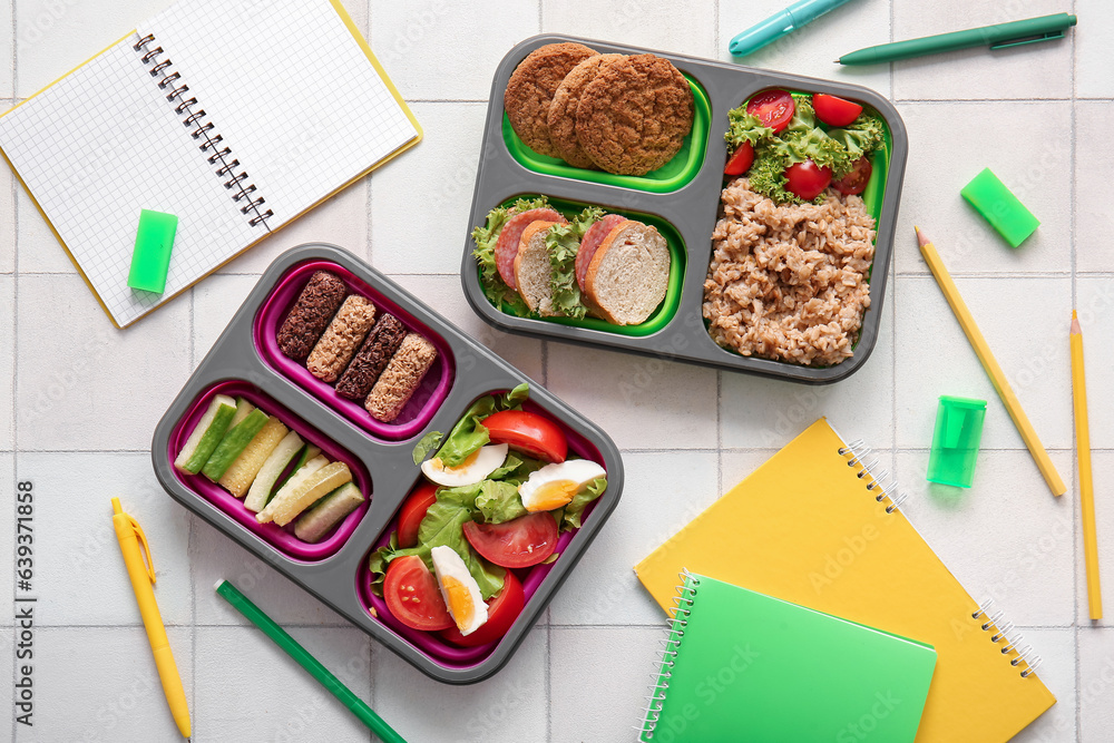 Lunchboxes with delicious food and different stationery on white tile background