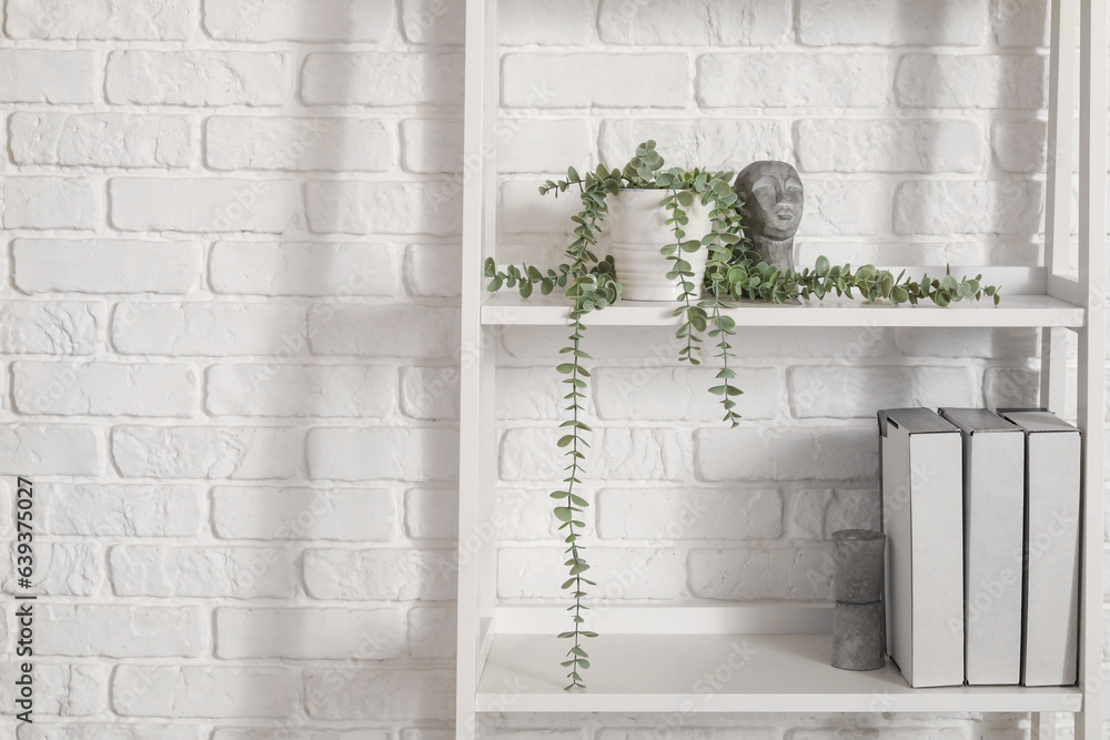 Shelf unit with plant and folders near white brick wall