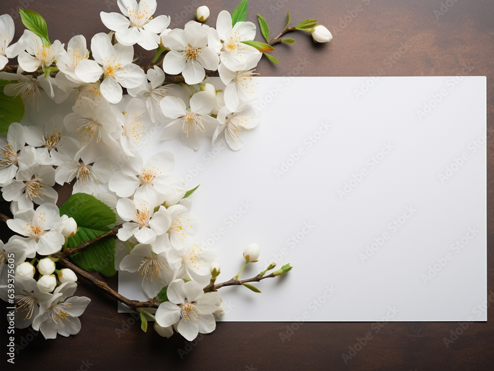 White flower with paper for text space, flat lay design