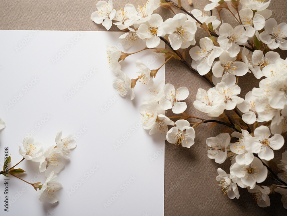 White flower with paper for text space, flat lay design