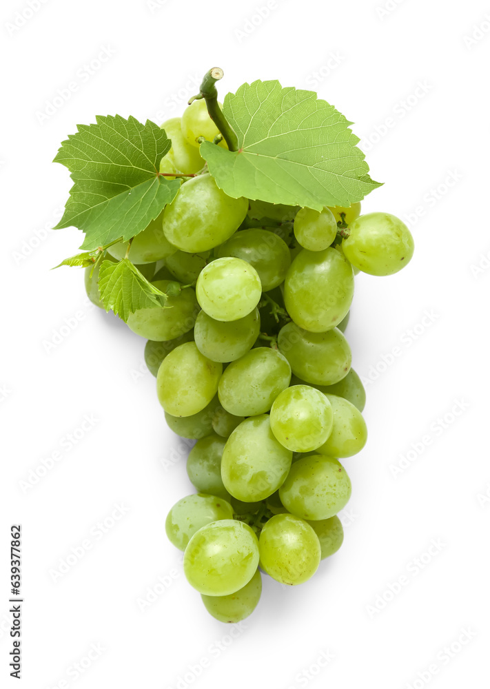 Sweet green grapes with leaves on white background