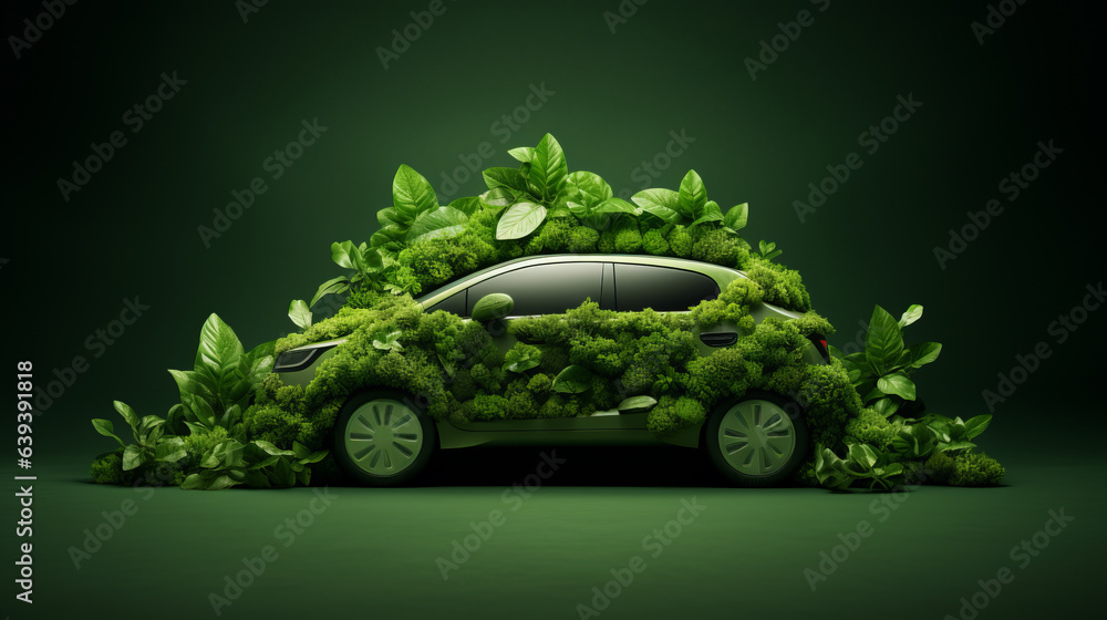 Little green eco car made of mos and leaves on green background