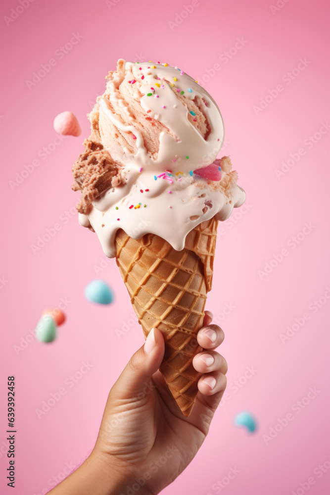 Hand holding big ice-cream in waffles cone on pink background