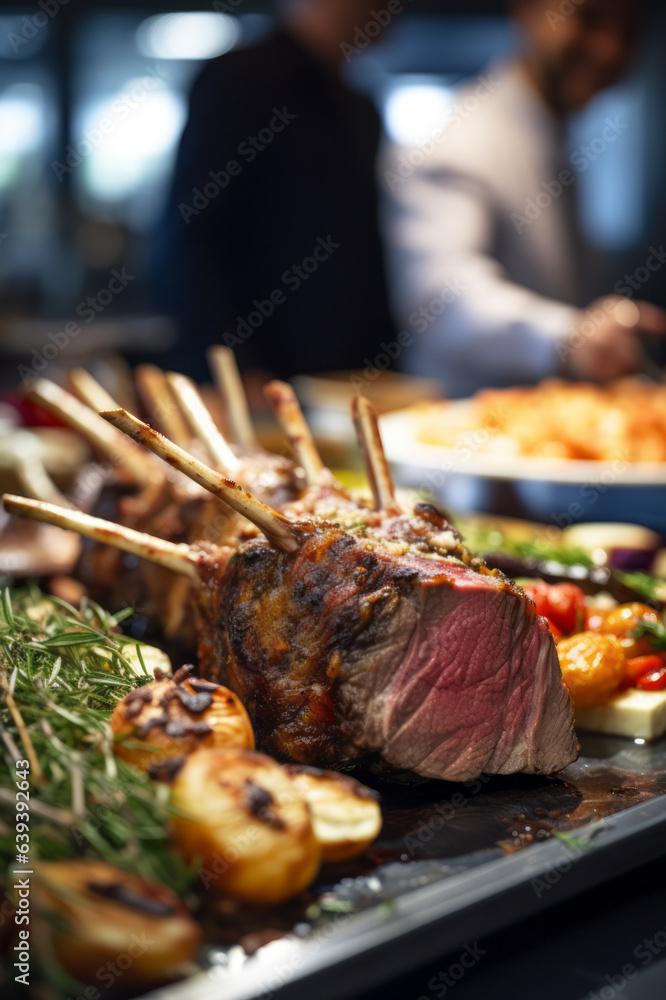 Traditional, roasted rack of lamb cutlets with vegetables and herbs