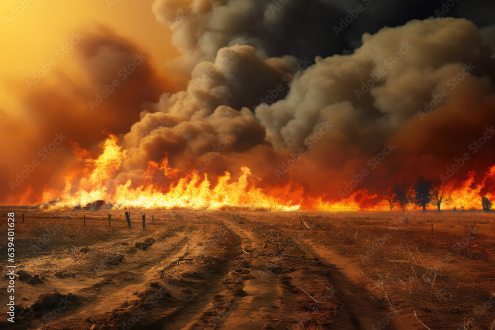 Dramatic wildfire destructing a farm land, flames raging on the horizon, sky filled with dark smoke