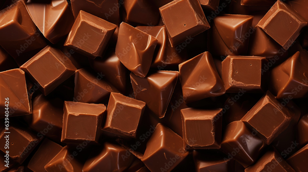 Milk chocolate chunks background. Top view of many chocolate blocks. Generative AI