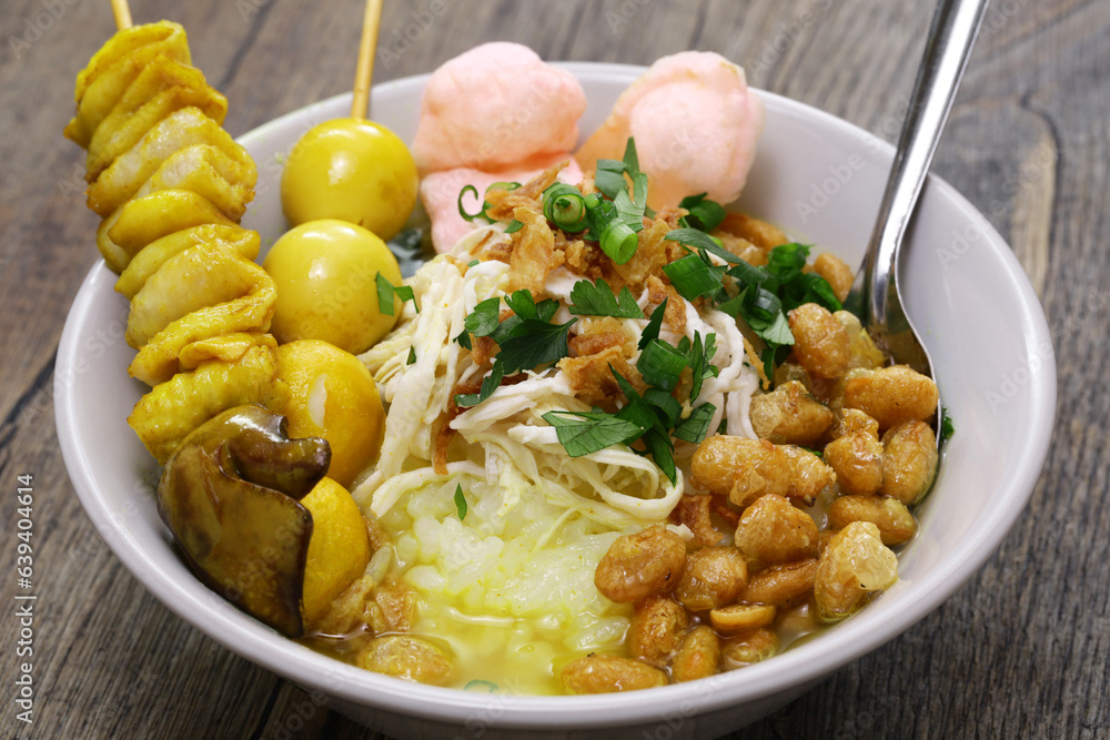 Bubur ayam, an Indonesian chicken congee. breakfast staple.