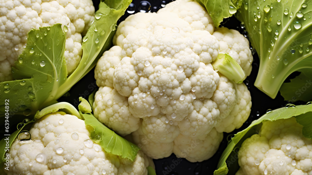 Fresh cauliflowers with water drops background. Vegetables backdrop. Generative AI