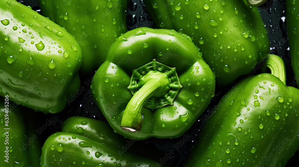 Fresh green bell peppers with water drops background. Vegetables backdrop. Generative AI