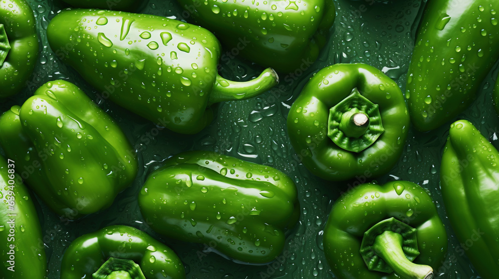 Fresh green bell peppers with water drops background. Vegetables backdrop. Generative AI