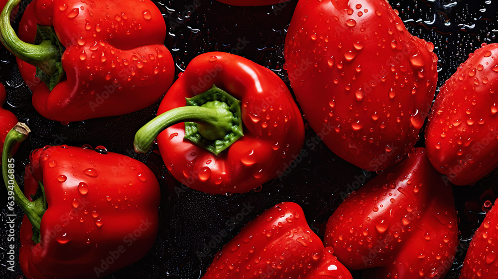 Fresh red bell peppers with water drops background. Vegetables backdrop. Generative AI