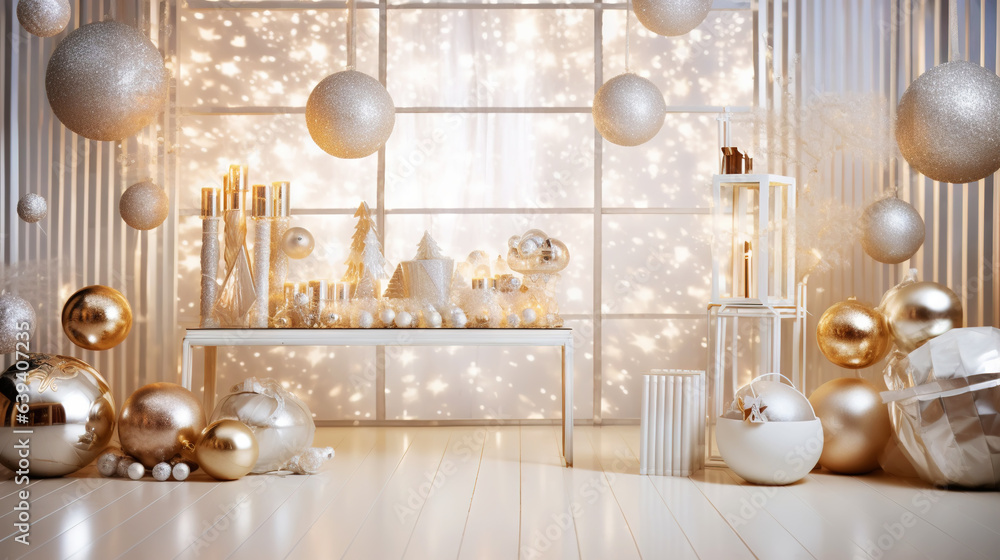 Modern shiny creative Christmas backdrop. Golden festive New Year background. Generative AI