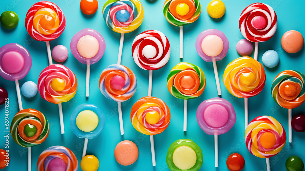 Colorful lollipop candies background. Top view. Generative AI