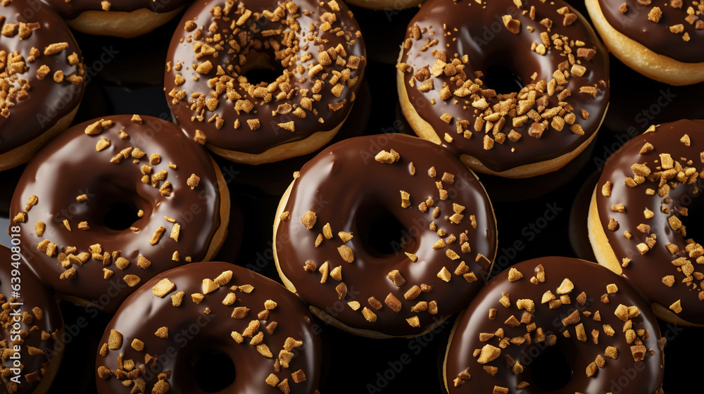 Donut with chocolate glaze background. Round american chocolate doughnuts. Generative AI