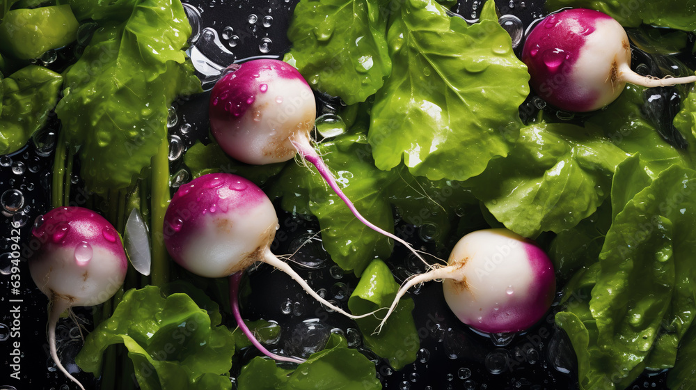 Fresh turnips with water drops background. Vegetables backdrop. Generative AI