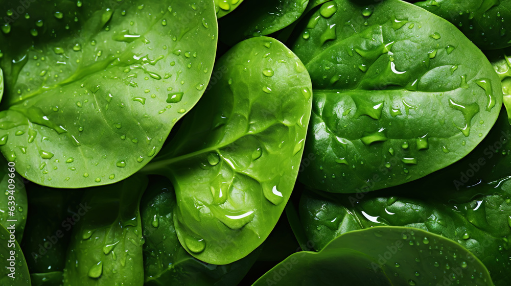 Fresh green spinach leaves with water drops background. Vegetables backdrop. Generative AI