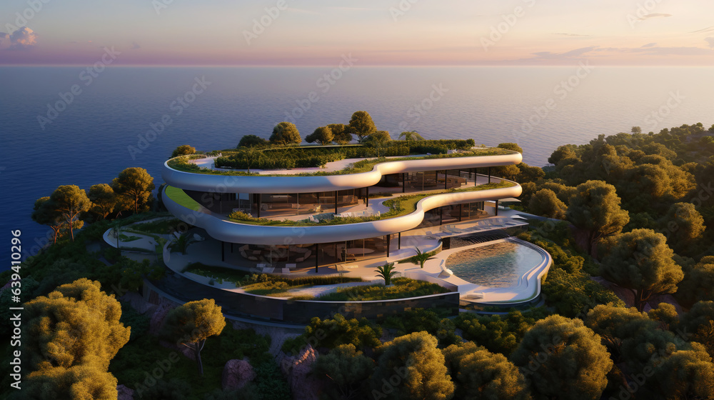 Luxury contemporaty villa on a mountain hill with a view on ocean. Generative AI