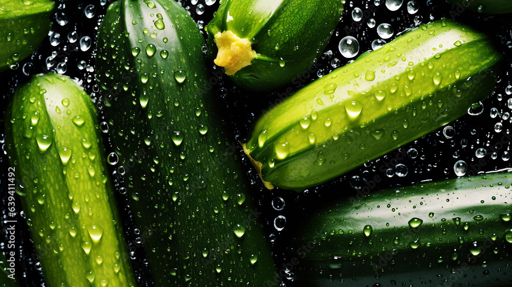 Freshgreen zucchini or courgettes with water drops background. Vegetables backdrop. Generative AI