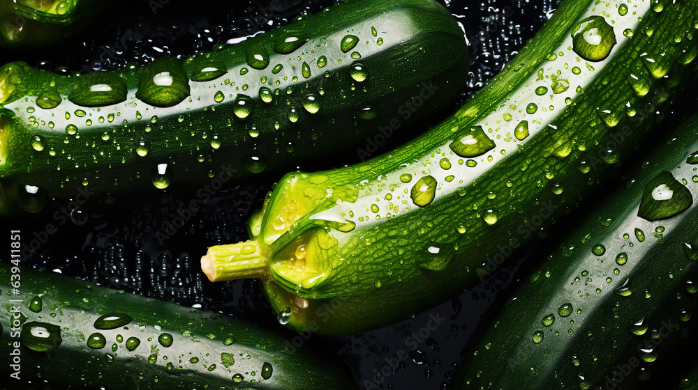 Freshgreen zucchini or courgettes with water drops background. Vegetables backdrop. Generative AI