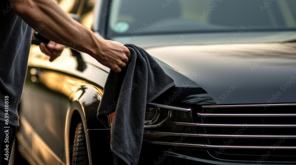 Car wash, Man are cleaning car with microfiber cloth.