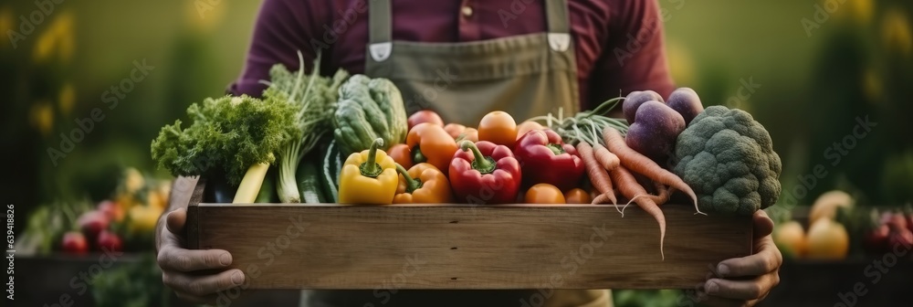 Hands holding a box with fresh vegetables, Healthy eating concept, Raw vegetables.