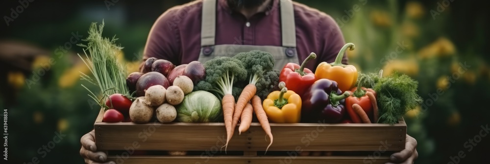 Hands holding a box with fresh vegetables, Healthy eating concept, Raw vegetables.