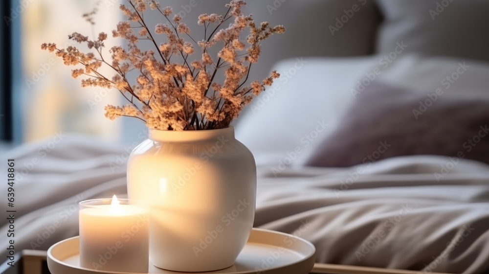 A scented candle on a white table with vases in bedroom modern minimalist.