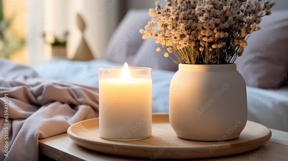 A scented candle on a white table with vases in bedroom modern minimalist.