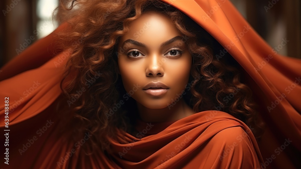 Portrait of beautiful African American woman with brunette curly haired with dark skin and smile.