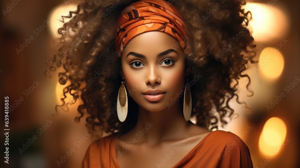 Portrait of beautiful African American woman with brunette curly haired with dark skin and smile.