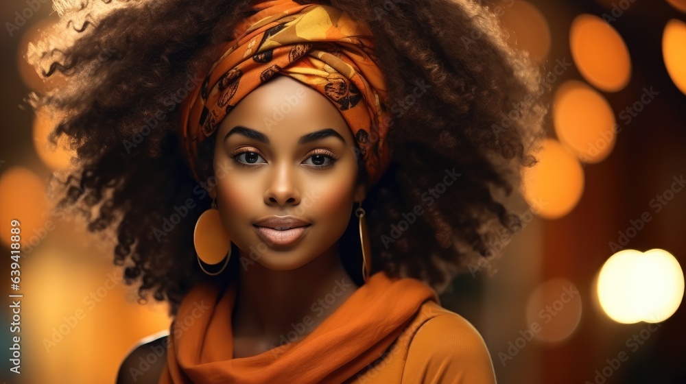 Portrait of beautiful African American woman with brunette curly haired with dark skin and smile.