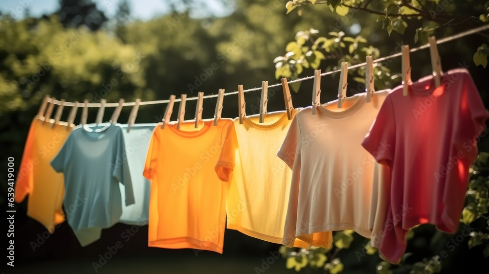 Childrens colorful clothing dries on a clothesline in the yard outside in the sunlight after being 