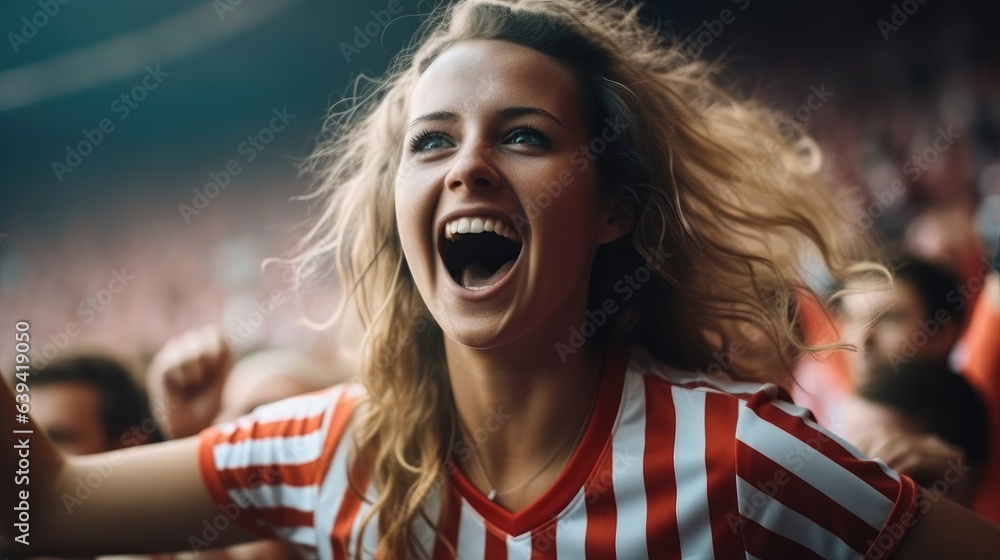 Happy attractive girl as soccer fan at soccer stadium.