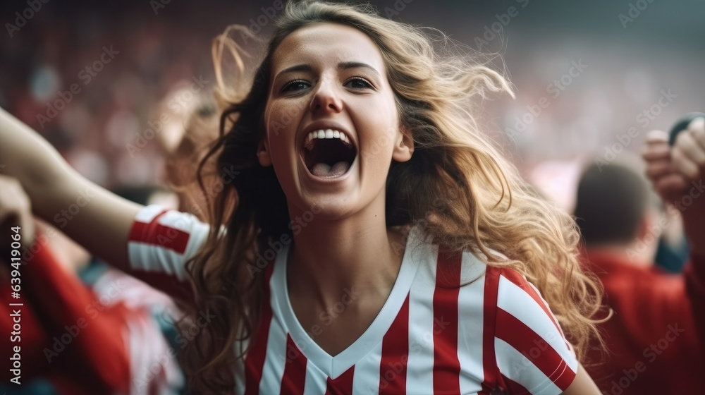 Happy attractive girl as soccer fan at soccer stadium.