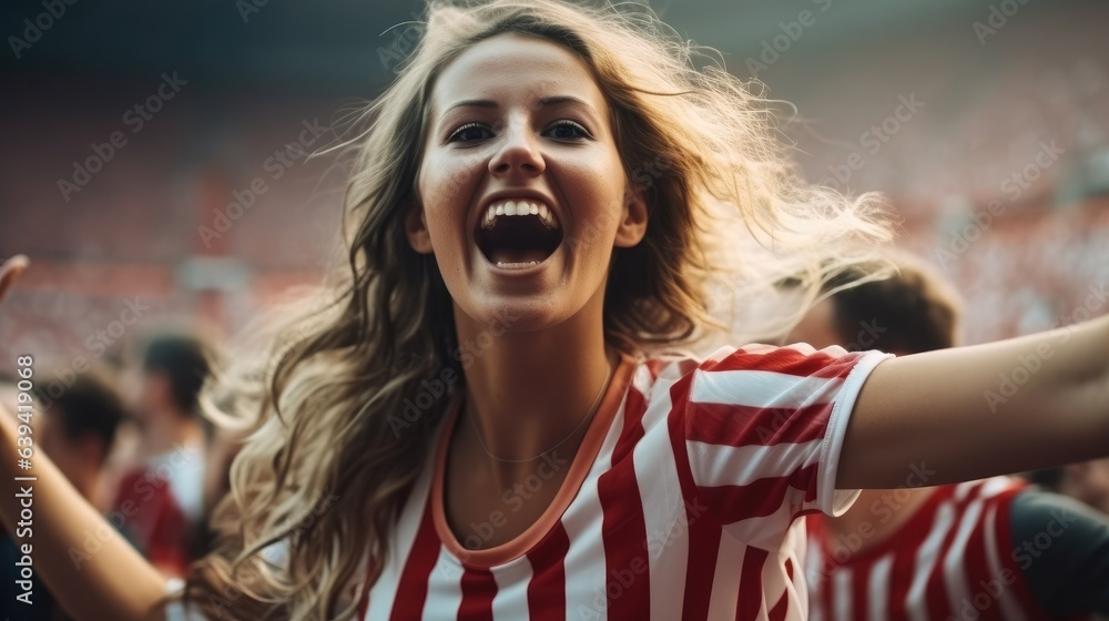 Happy attractive girl as soccer fan at soccer stadium.