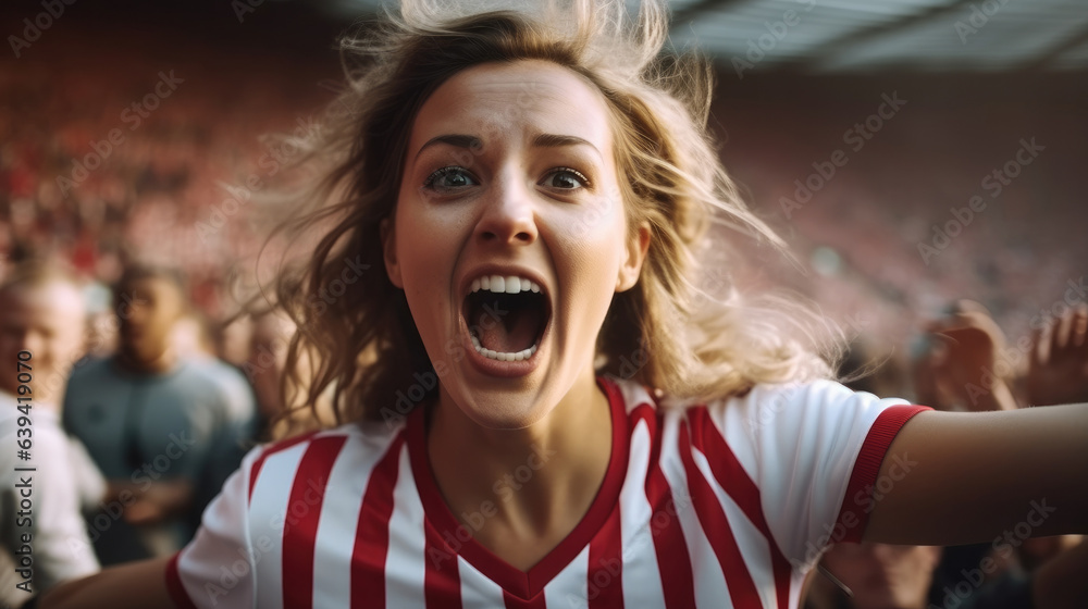 Happy attractive girl as soccer fan at soccer stadium.