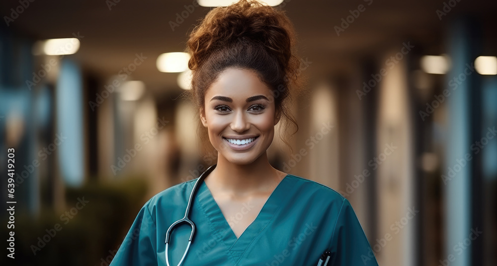 medical or nursing student standing with her team in hospital, Medical concept.