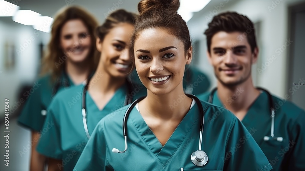 medical or nursing student standing with her team in hospital, Medical concept.