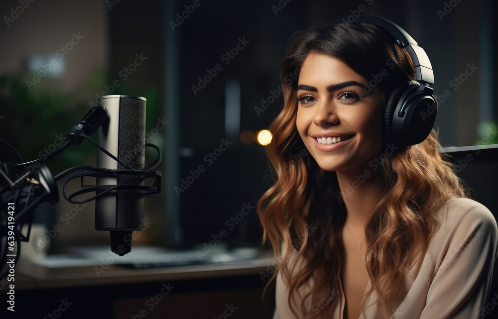 Beautiful woman podcaster making audio podcast from her studio.