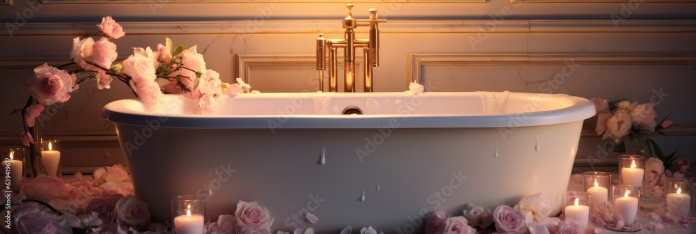 Elegant white bathroom interior with rose and candles, Modern vessel sink, Romantic zen Atmosphere.