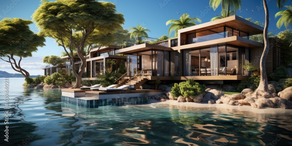 A rendering of a house on a tropical island. Digital image.