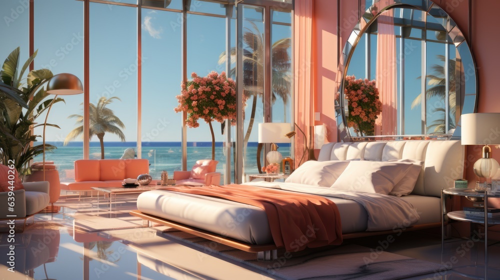 A bedroom with a large window overlooking the ocean. Digital image.