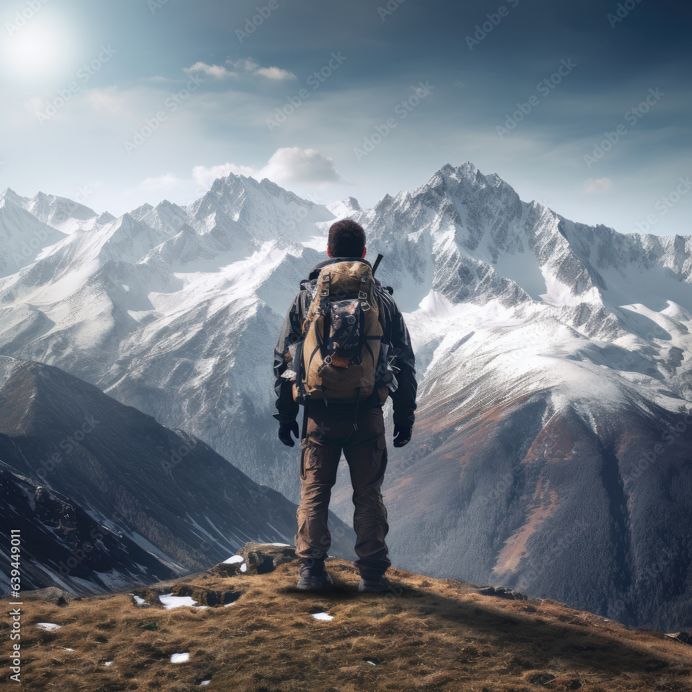 rear view of a man backpacker standing on top of mountain looking at view 