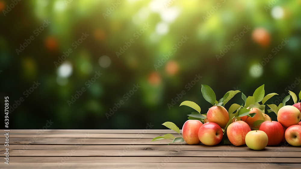 Fresh apples on a wooden table with blurry nature background